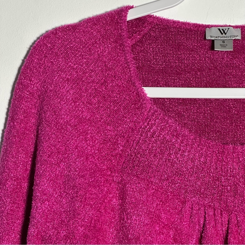 Worthington Fuchsia Scoop Neck Fuzzy Pink Shimmer Sweater Small Blouson Sleeve - Picture 7 of 13